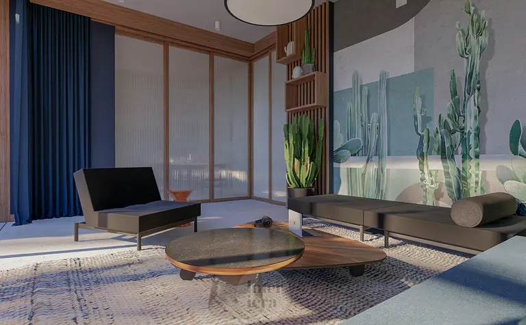 Wnętrze w stylu eklektycznym z roślinami i nowoczesnymi meblami dopamine decor.