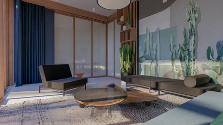 Wnętrze w stylu eklektycznym z roślinami i nowoczesnymi meblami dopamine decor.