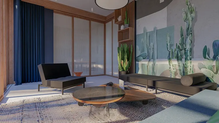 Wnętrze w stylu eklektycznym z roślinami i nowoczesnymi meblami dopamine decor.