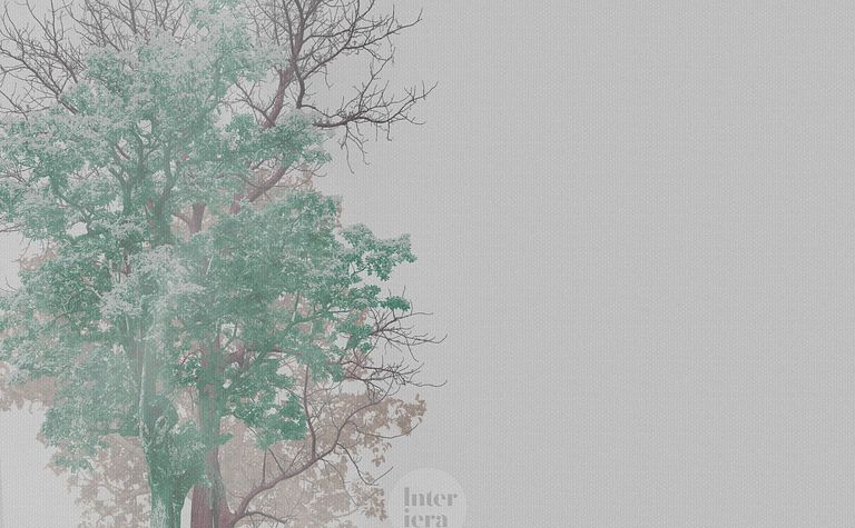 Obrazek przedstawia zielone drzewa na szarym tle, styl art deco, boho, minimalistyczny.