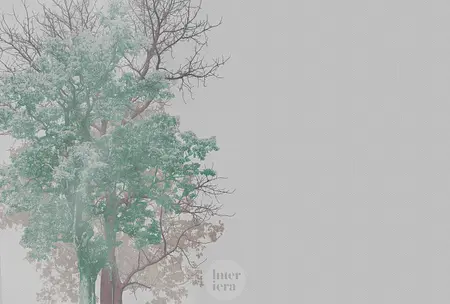 Obrazek przedstawia zielone drzewa na szarym tle, styl art deco, boho, minimalistyczny.