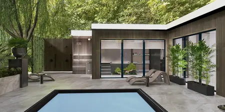 Stylowe wnętrze z roślinnością, basenem i drewnianymi akcentami, glamour, nowoczesny, quiet luxury.