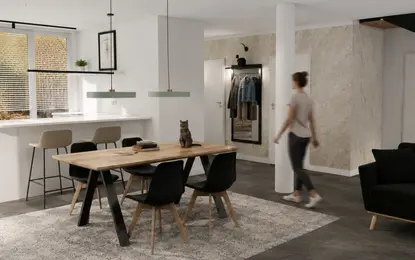 Jadalnia z minimalistycznym wystrojem, drewniany stół, czarne krzesła, nowoczesne detale.