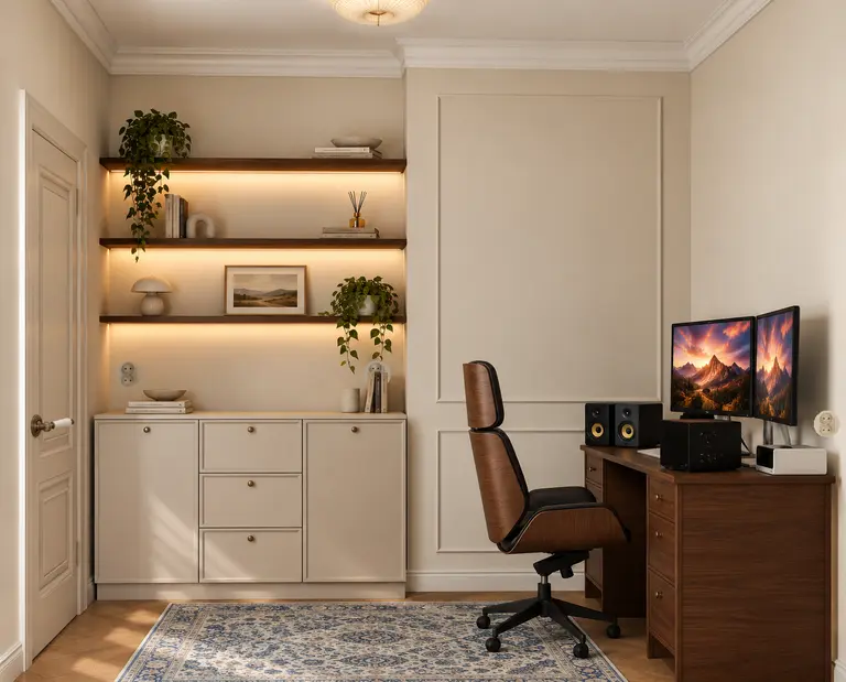 Gabinet z drewnianym biurkiem, fotelem i beżową zabudową, styl: glamour, minimaluxe, nowoczesny, quiet luxury, tradycyjny, vintage