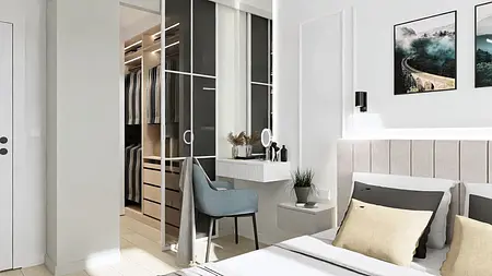 Sypialnia z minimalistycznym wystrojem, glamour detalami, nowoczesnym biurkiem oraz szafą.