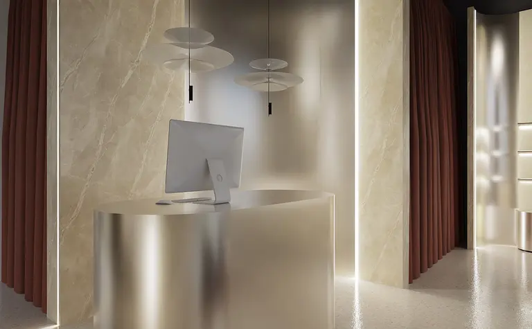Wnętrze biura w stylu glamour i minimalistycznym z nowoczesnym biurkiem