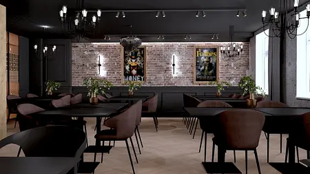 Wnętrze restauracji w stylu industrialnym z ciemnymi meblami, oświetleniem i dekoracjami.