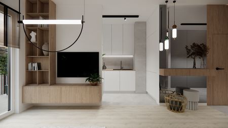 Wnętrze kuchni w stylu minimalistycznym z drewnianymi elementami