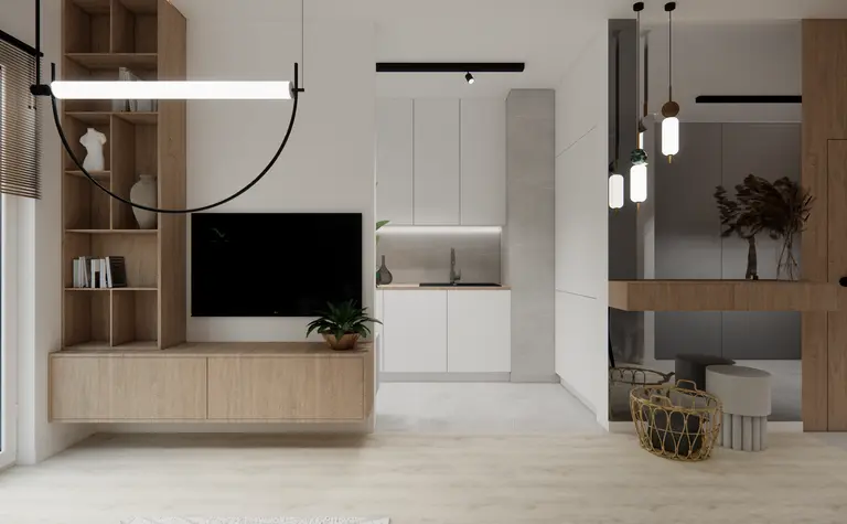 Wnętrze kuchni w stylu minimalistycznym z drewnianymi elementami