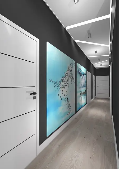 Korytarz z białymi drzwiami, niebieskimi obrazami i szaro-czarnymi akcentami w stylach: dopamine decor, industrialny, japandi, minimalistyczny, minimaluxe, nowoczesny, skandynawski, soft minimalizm, współczesny.