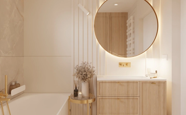 Nowoczesna łazienka z drewnianą szafką, okrągłym lustrem i akcentami w stylu quiet luxury.
