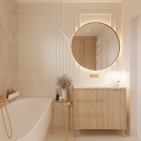 Nowoczesna łazienka z drewnianą szafką, okrągłym lustrem i akcentami w stylu quiet luxury.