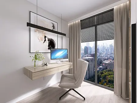 Wnętrze biura z nowoczesnym biurkiem i oknem, styl minimaluxe, quiet luxury.