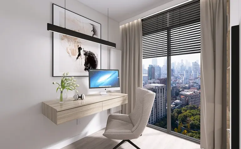 Wnętrze biura z nowoczesnym biurkiem i oknem, styl minimaluxe, quiet luxury.