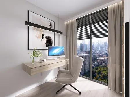 Wnętrze biura z nowoczesnym biurkiem i oknem, styl minimaluxe, quiet luxury.