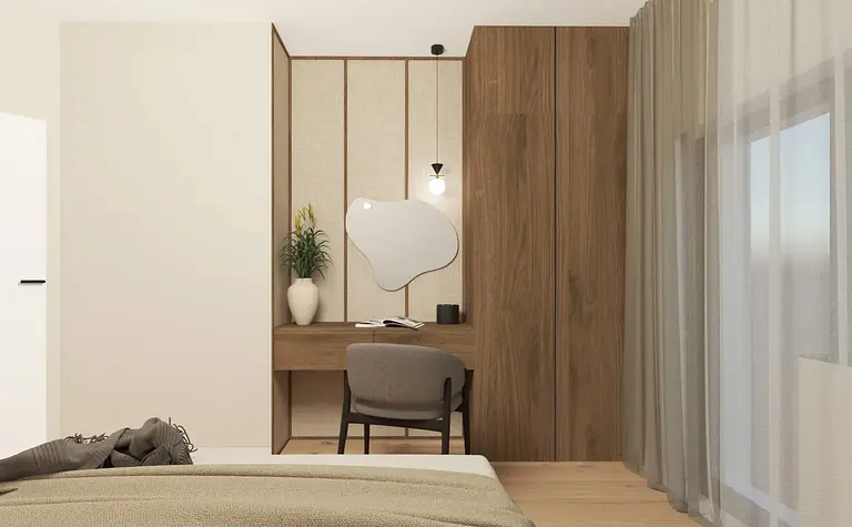 Wnętrze sypialni w stylu japandi i minimalistycznym z biurkiem i rośliną.