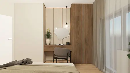 Wnętrze sypialni w stylu japandi i minimalistycznym z biurkiem i rośliną.