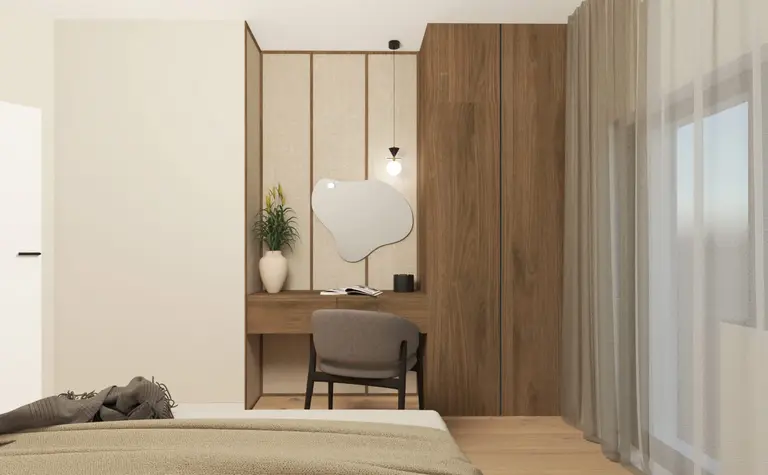 Wnętrze sypialni w stylu japandi i minimalistycznym z biurkiem i rośliną.