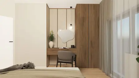 Wnętrze sypialni w stylu japandi i minimalistycznym z biurkiem i rośliną.