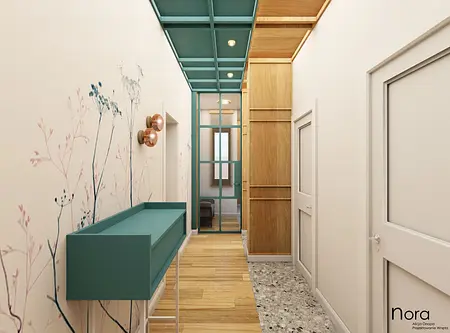 Przedpokój w stylu industrialnym, minimalistycznym i skandynawskim z drewnianymi detalami.