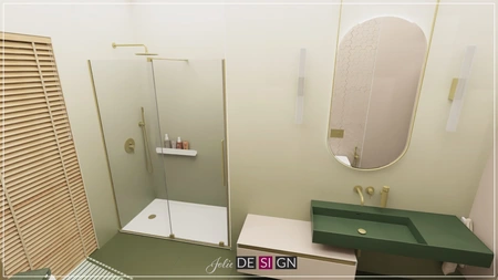 Nowoczesna łazienka z prysznicem, zielonym blatem i złotymi detalami w stylu boho i eklektycznym.