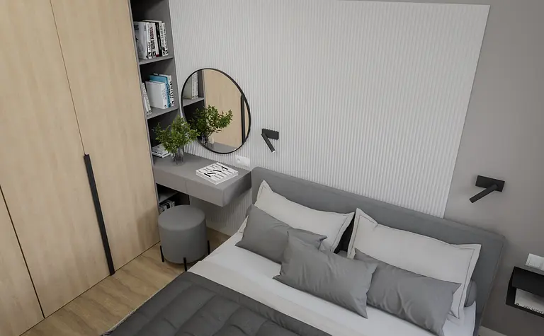 Sypialnia z szarym łóżkiem, drewnianą szafą i minimalistycznym biurkiem, soft minimalizm.