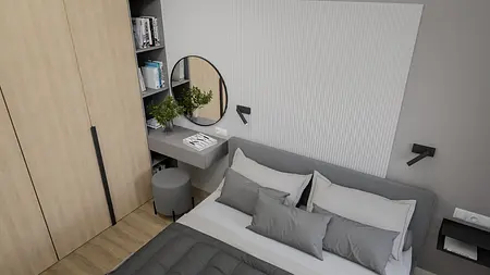 Sypialnia z szarym łóżkiem, drewnianą szafą i minimalistycznym biurkiem, soft minimalizm.