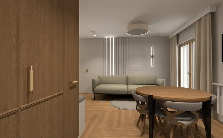 Współczesny salon z beżową kanapą, drewnianym stołem i dużymi oknami