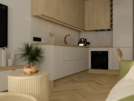 Wnętrze kuchni z nowoczesnymi, rustykalnymi i skandynawskimi akcentami.