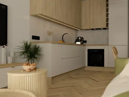 Wnętrze kuchni z nowoczesnymi, rustykalnymi i skandynawskimi akcentami.