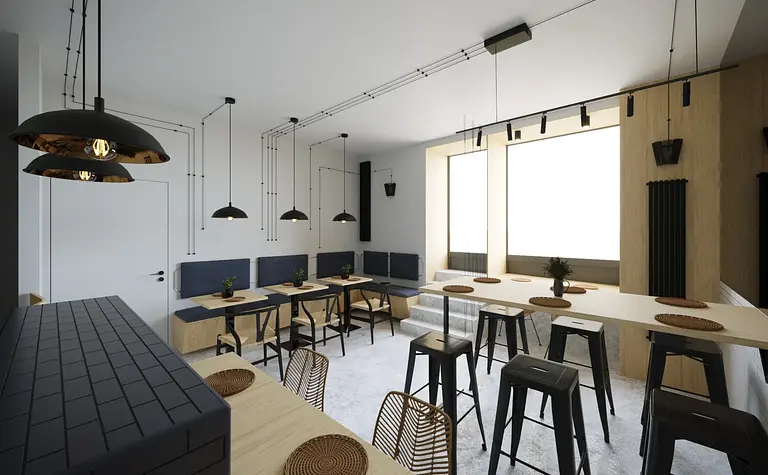 Wnętrze kuchni w stylu industrialnym i japandi z drewnianymi meblami.