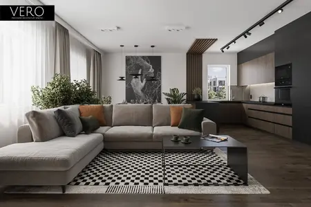 Nowoczesny salon z szarym narożnikiem, roślinnością i drewnianymi detalami.