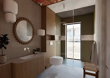 Nowoczesna łazienka w stylu boho i japandi z drewnianymi detalami.