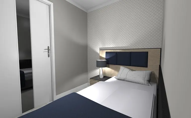 Sypialnia z niebieskim łóżkiem, lampą i jasnymi ścianami w stylu skandynawskim i minimalistycznym