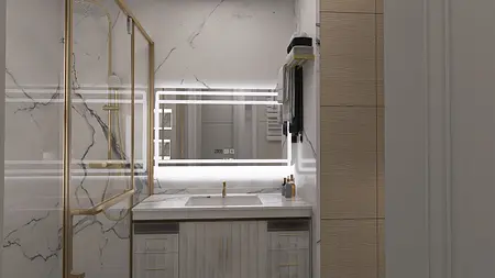 Nowoczesna łazienka z marmurowymi płytkami i złotymi dodatkami.