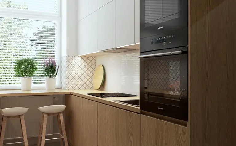 Kuchnia w stylu eklektycznym, industrialnym, nowoczesnym i tradycyjnym z drewnianymi meblami.