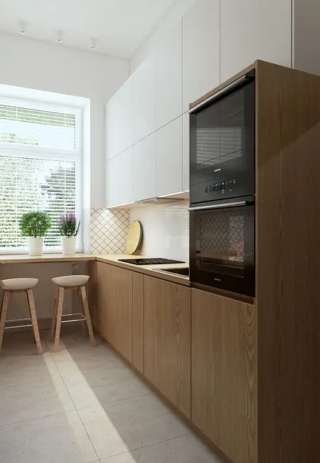 Kuchnia w stylu eklektycznym, industrialnym, nowoczesnym i tradycyjnym z drewnianymi meblami.