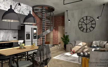 Wnętrze kuchni z industrialnym i minimalistycznym stylem, z elementami nowoczesnymi.