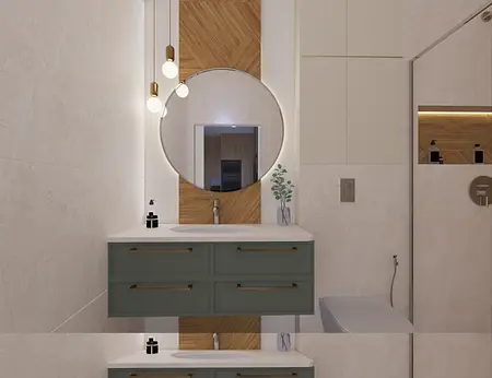 Wnętrze łazienki z elementami art deco, glamour, nowoczesnym i współczesnym designem.