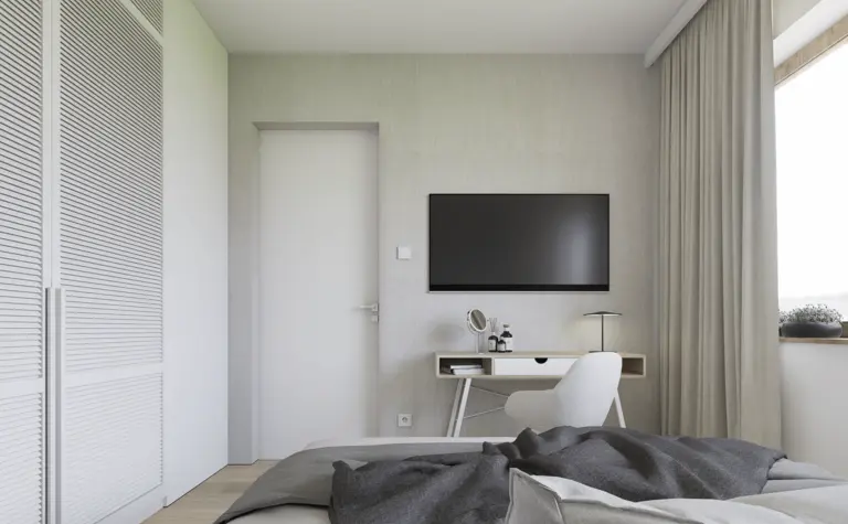 Wnętrze sypialni w stylu japandi i minimalistycznym, z szarymi ścianami i nowoczesnymi meblami.