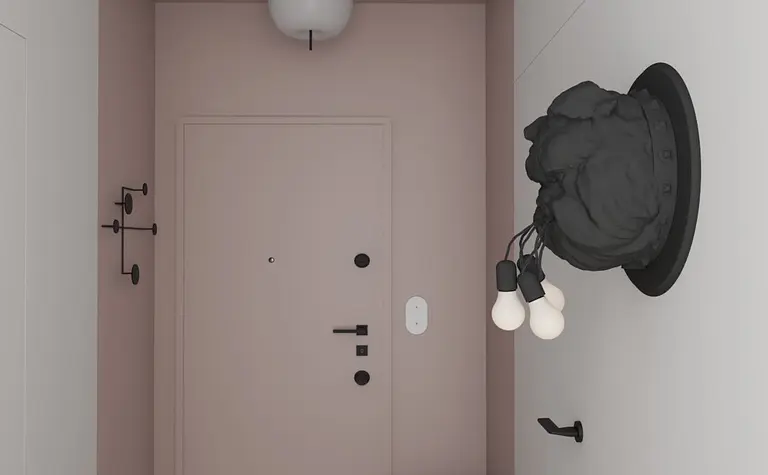 Przedpokój w stylu eklektycznym z różowymi ścianami i nowoczesnym oświetleniem.