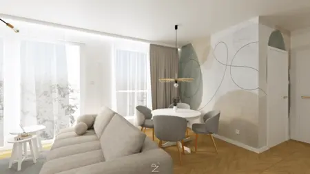 Wnętrze w stylu art deco i boho z jasnym stołem i szarymi krzesłami.