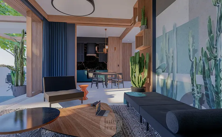 Eklektyczne wnętrze z drewnianymi elementami i roślinami w stylu dopamine decor.