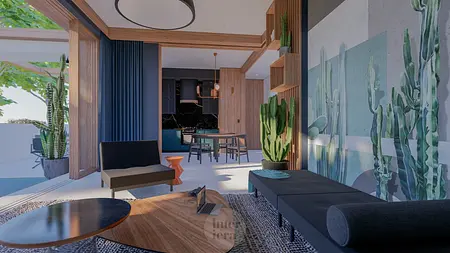 Eklektyczne wnętrze z drewnianymi elementami i roślinami w stylu dopamine decor.