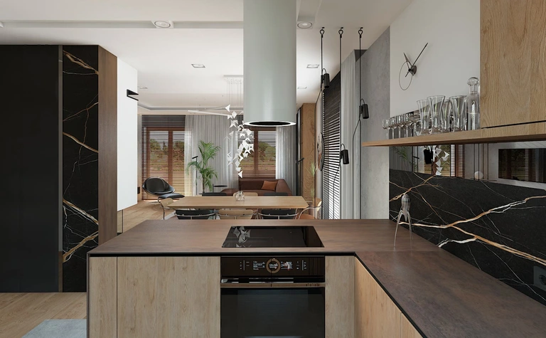 Wnętrze kuchni w stylu dopamine decor z drewnianymi elementami, minimalistyczne i współczesne.