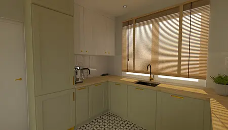 Współczesna kuchnia z zielonymi meblami i drewnianym blatem, oknem z roletami.