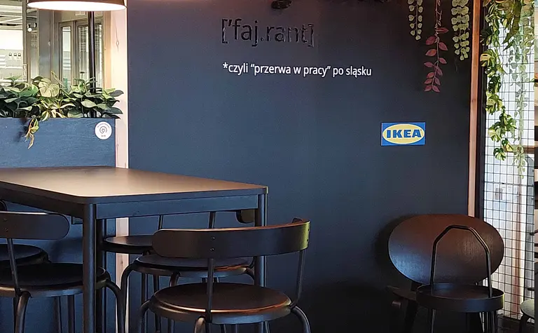 Wnętrze skandynawskiego kącika relaksacyjnego z czarnymi meblami i roślinami.