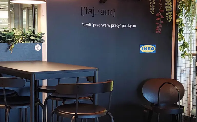 Wnętrze skandynawskiego kącika relaksacyjnego z czarnymi meblami i roślinami.