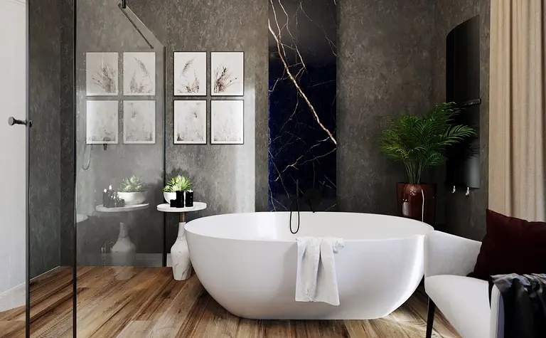Nowoczesna łazienka z wanną, marmurowymi akcentami, styl glamour, quiet luxury, współczesny