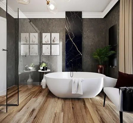 Nowoczesna łazienka z wanną, marmurowymi akcentami, styl glamour, quiet luxury, współczesny